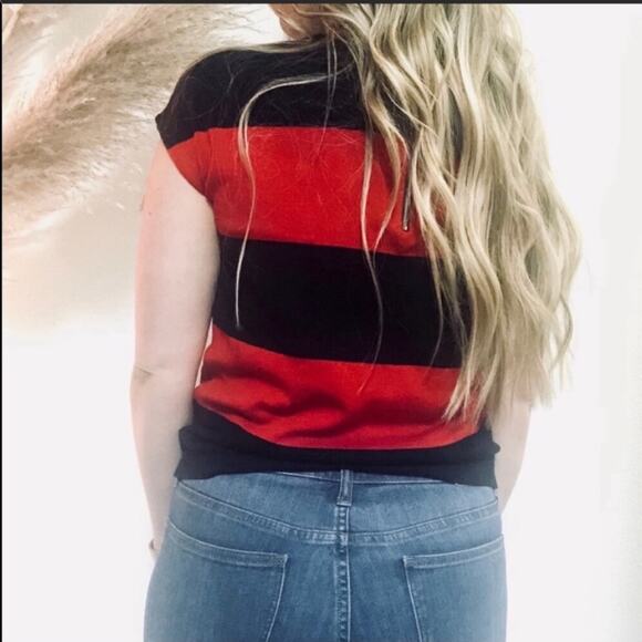 NEW PHILOSOPHY Short Sleeve Red Navy Blue Wide Striped Zipper Back Sweater M - Picture 4 of 6